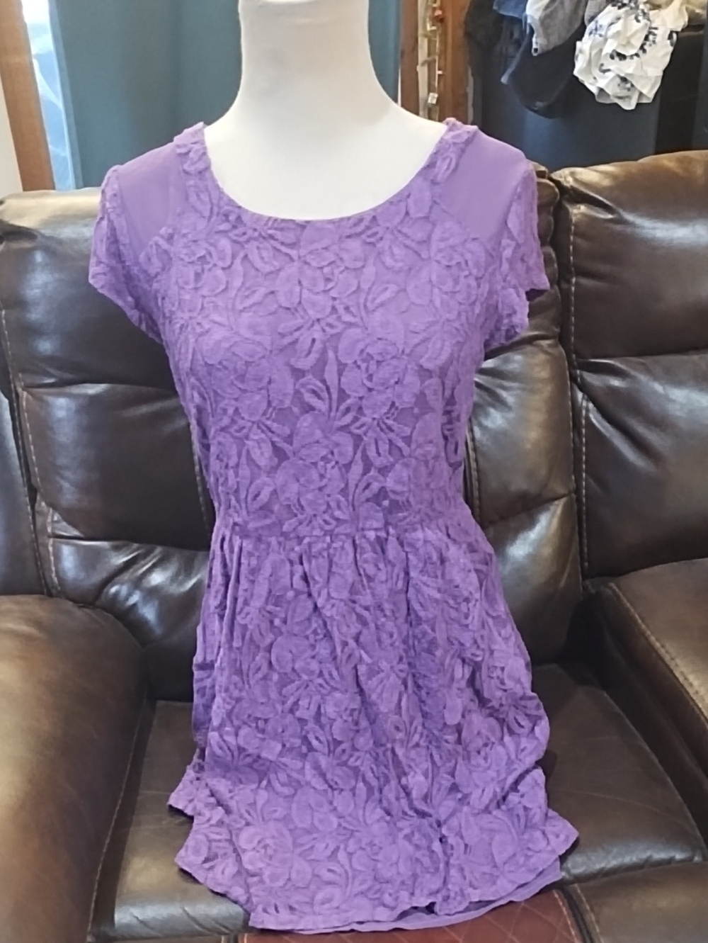 Purple Lace Floral Short-Sleeve Women's Dress